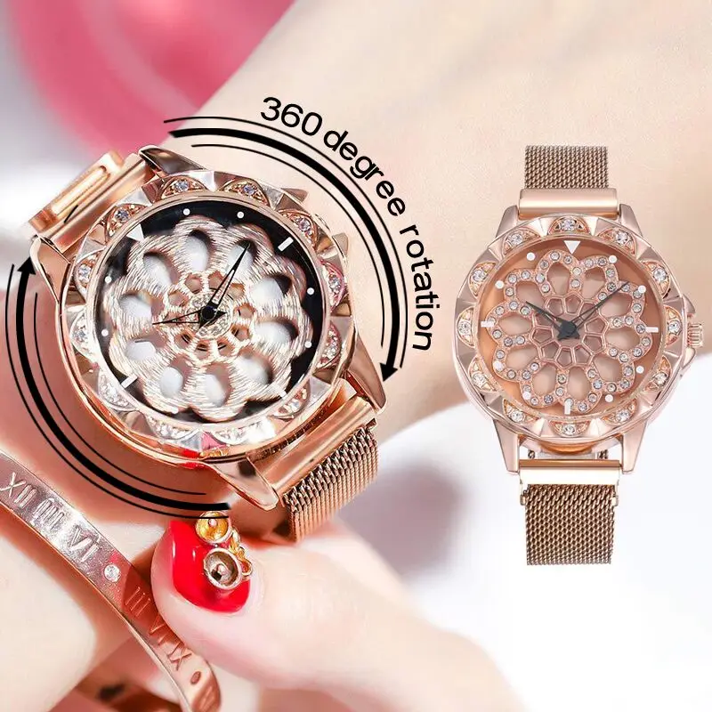 

MINHIN Fashion Luxury Watch 360 Degree Rotating Diamond Dial Watches for Women Ladies Mesh Belt Magnet Buckle Quartz Wristwatch