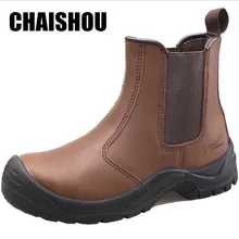 Мужские рабочие ботинки из натуральной кожи, без шнуровки, большие размеры, Мужская Рабочая защитная обувь со стальным носком, не разбивается, не прокалывается, CS-388