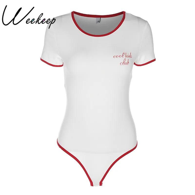 

Weekeep Sexy Bodycon Slim Waist Bodysuits Women White Knitted Cotton Short Sleeve Bodysuit 2018 Summer O-Neck Print Playsuits