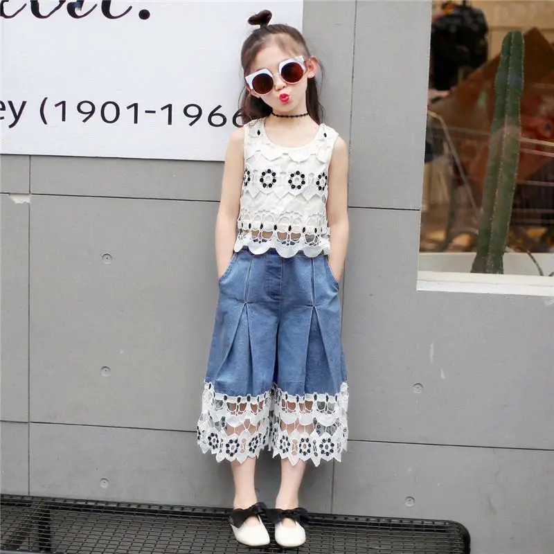 

2019 New Summer Fashion Toddler Girl Clothes Suits Baby Girl Lace Patchwork Sleeveless Tops+Wide-Leg Jeans Pants Tracksuits L150