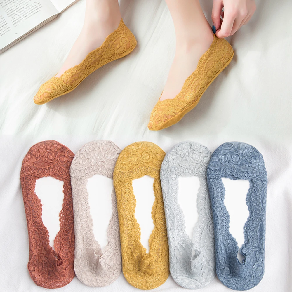 

1Pair 2019 Summer Women Girl Lace Boat Socks Invisible Cotton Non-slip Antiskid Slippers Anti-Slip Sock Silica Gel Low Cut Socks