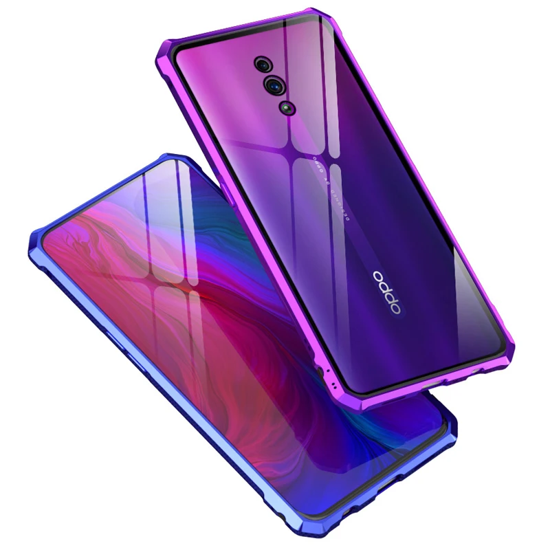 OPPO Reno Case Luxury Diamond Shape Aluminum Metal Bumper + Tempered Glass Back Cover Case For OPPO Reno Slim Shockproof Cases