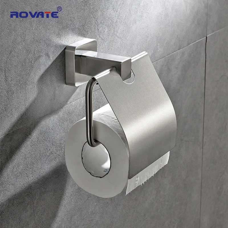 

ROVATE Toilet Paper Holder Stand with Cover Waterproof from Bathroom Paper Roll Use 304 Stainless Steel Brushed