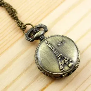 

Free ship 10pcs/lot wholesale Popular retro Collection Paris Eiffel Tower quartz Pocket Watches necklace Fashion womens vintage