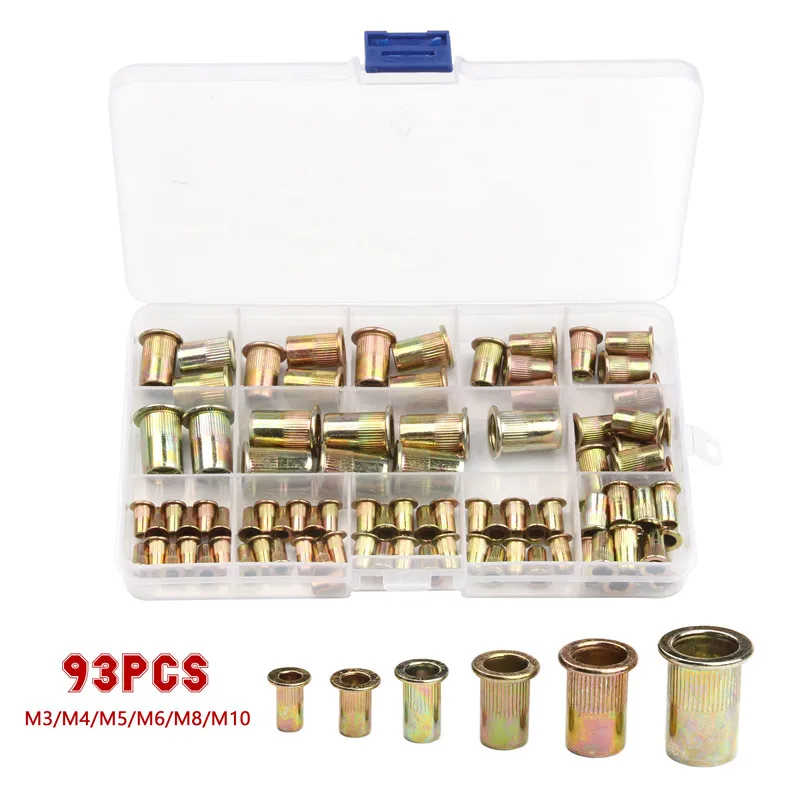

93PCS Multi Size Carbon Steel Rivet Nuts M3/4/5/6/8/10 Flat Head Rivet Nuts Set Nuts Insert Reveting