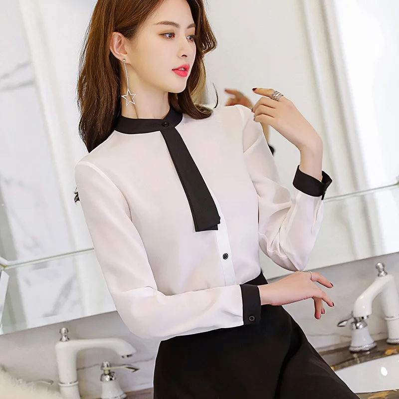 Осень, Женская Повседневная белая блузка, Корейская тонкая рубашка с длинным рукавом и бантом, женская одежда, уличная рубашка, офисные женские летние топы - Цвет: C399RX-white