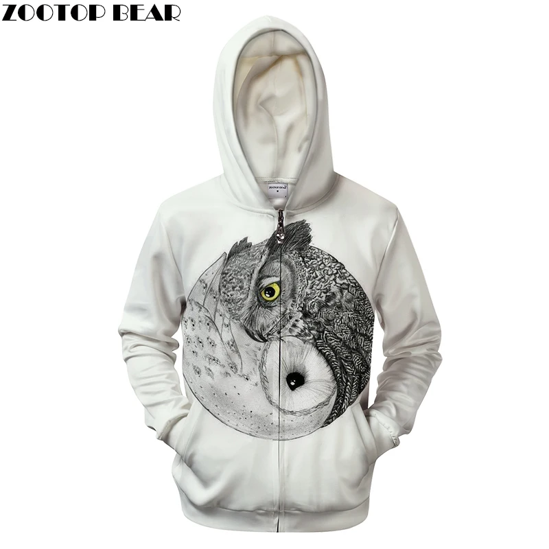 

Ying&Yang Owl Prints Hoodie 3D Zip Tracksuit White Mens Hoodies Mens Zipper Clothing Pullover Sweatshirts DropShip ZOOTOP BEAR