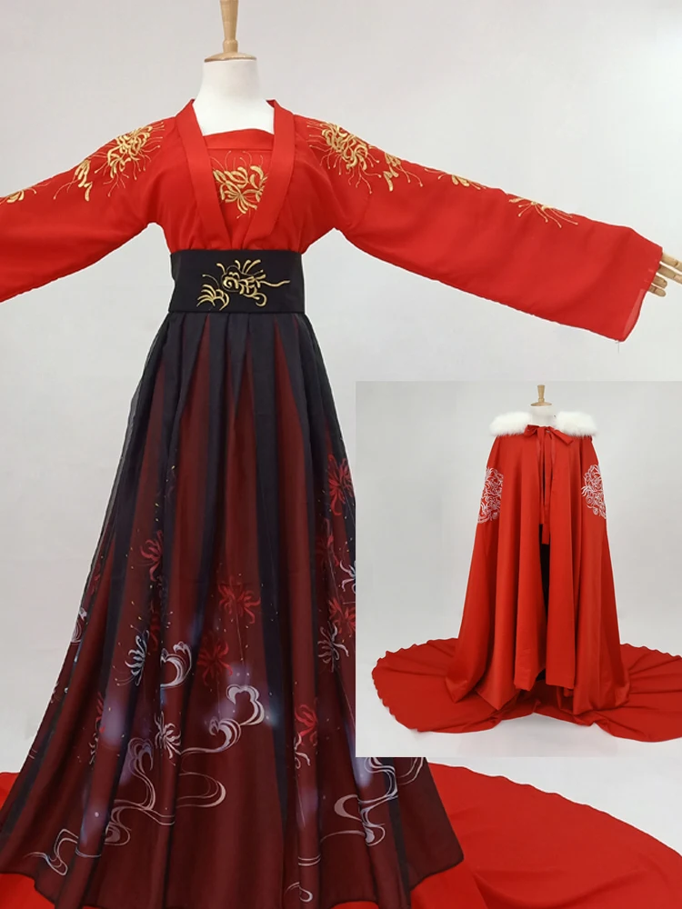 Черный, красный Вышивка Lycorisradiata принцесса фея костюм Hanfu косплэй для ТВ Играть зима Мех животных Толстый плащ со шляпой