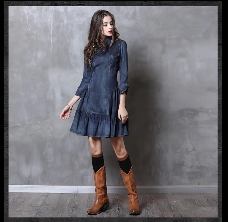 Women Denim Dress 2019 Vintage 100% Cotton Dress 34Sleeve Brand New A-line Elegant Mandarin Collar Vestidos Woman Dresses (7)