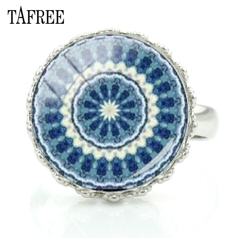 

TAFREE Blue Mandala Crown Ring Yoga Rings Indian Style New Fashion Trendy Picture Jewelry For Women's Gift HN333