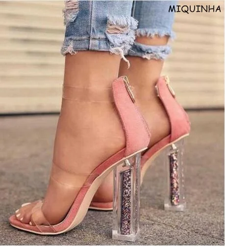 

Newest European Transparent High Heel Pink Sandal PVC Patchwork Woman Pumps Glitter Bling Heels Sexy Peep Toe Cover Heel Shoe