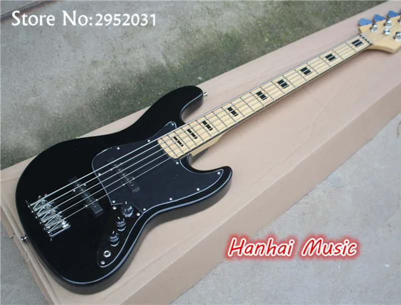 

Hot Sale Custom 5-String Bass Guitar with Black Body,Maple Fretboard with Black Inlay,2 Single Open Pickups,can be Customized
