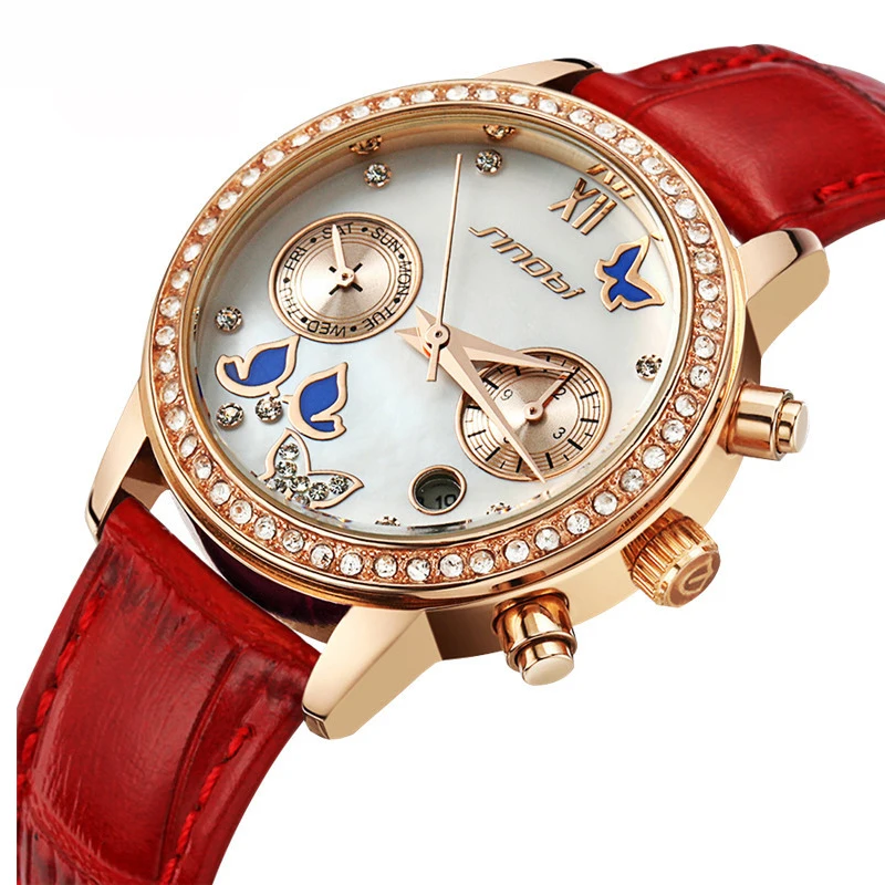 

SINOBI Butterfly Calendar reloj mujer Watch Women Diamond Leather Quartz Women Watches Top Brand Luxury montre femme