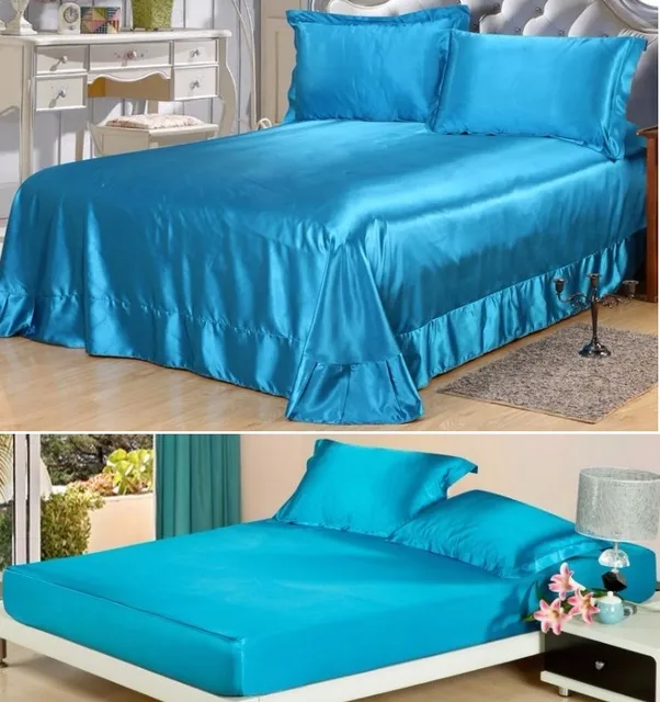 Buy 4PCS Hot Pink Bedding Satin Silk Sheets Flat Fitted bed sheet set