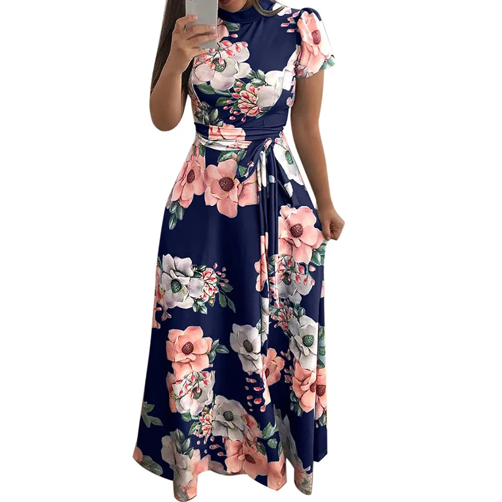 

JAYCOSIN 2019 New Summer Women Dress Fashion O-Neck Floral Printed Short Sleeve Bandage Sashes vestido longo de festa 9030521