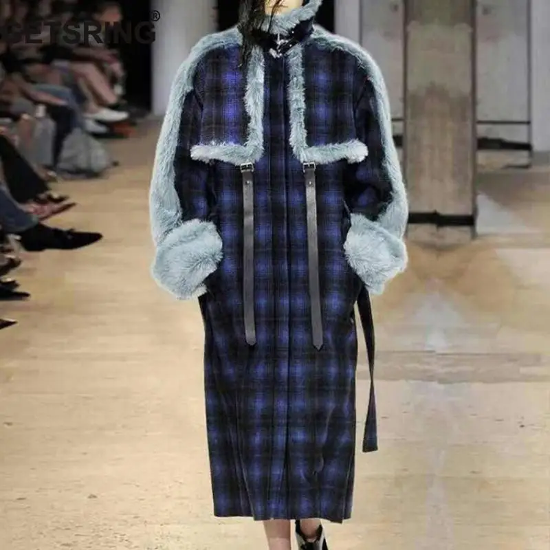 

GETSRING Women Winter Coat Patchwork Plaid Woolen Overcoat Long Sleeve Loose Long Winter Jacket Women Tops Retro Ladies Coats