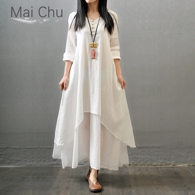 

Cotton and Linen Dress Women's Long-sleeved Elegant Dress Loose Large Size Casual Irregular Maxi Dress