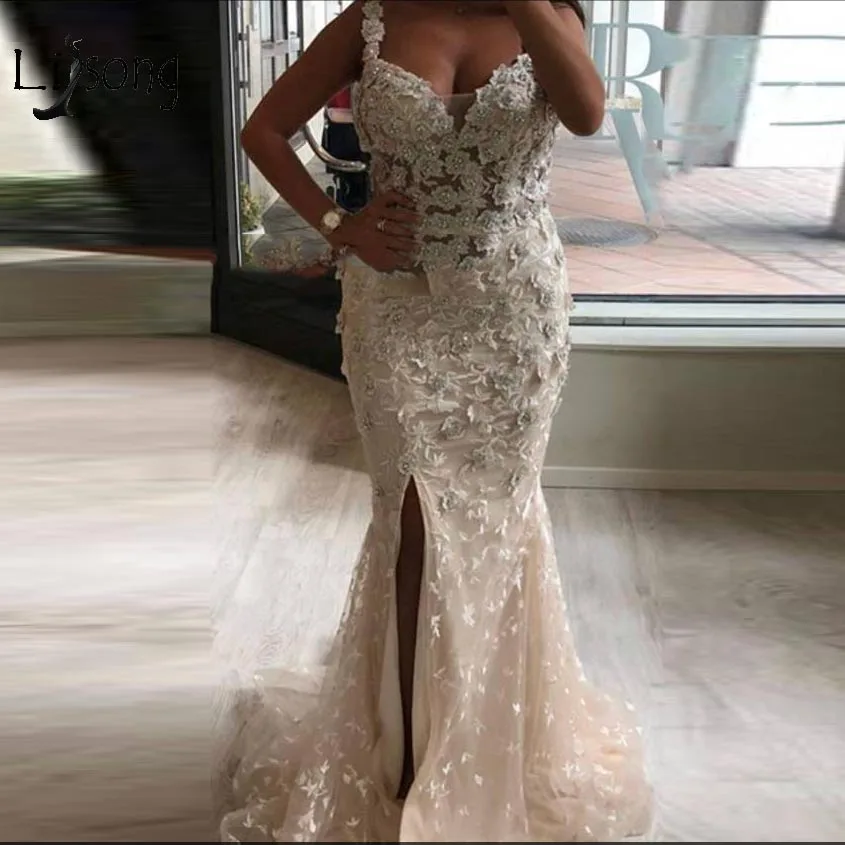 

2019 Light Champagne Lace Evening Dresses 3D Flower Beaded Sexy Mermaid Long Prom Gowns Side Split Abendkleider