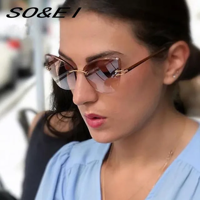 SOEI Classic Rimless Women Cat Eye Sunglasses Fashion Ladies Tea Gradient/Clear Lens Glasses UV400 | Аксессуары для одежды
