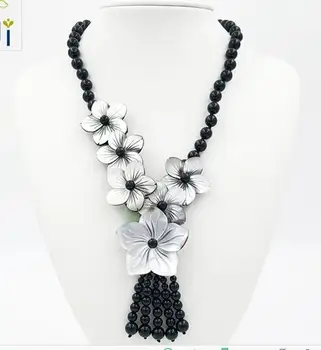 

New Natural Stone Onyx Black Mosaic stone Shell Flowers Handmade Tassel Necklace