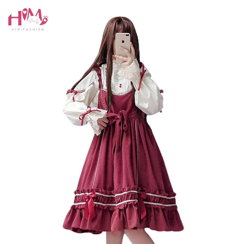 

Japanese Soft Sister Lolita Dress Sweet Ruffle Cute Girls Princess Kawaii Dress Vintage Big Bow Lace Up Red Summer Strap Dresses