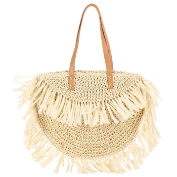 

New Fashion Tassel Women Handbag Straw Bag Beach Woven Bag Round Tote Fringed Beach Large Shoulder Travel Bag