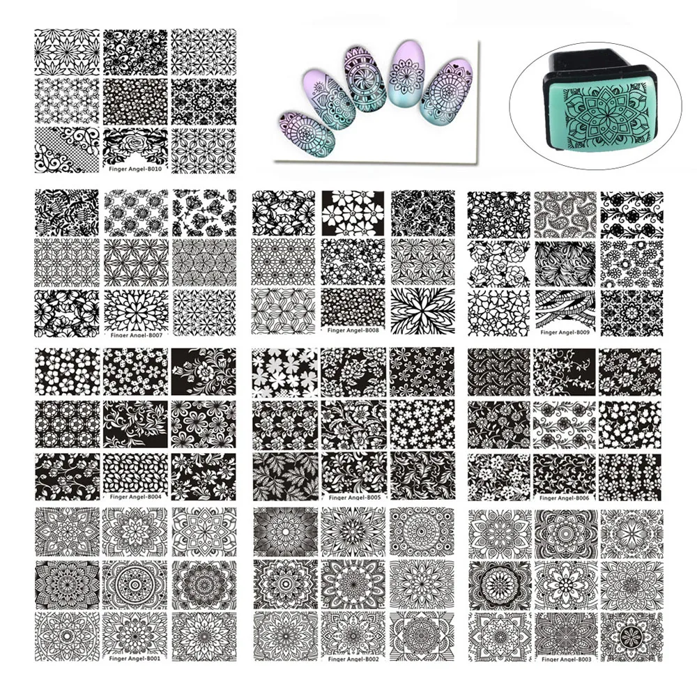 Conjunto de Mini Transferência de Ferramentas da Arte para Unhas Template + 1 Dedo Angel 6*8 Unha Carimbar Placas Stamper Faça Você Mesmo B001-010 10 Pcs