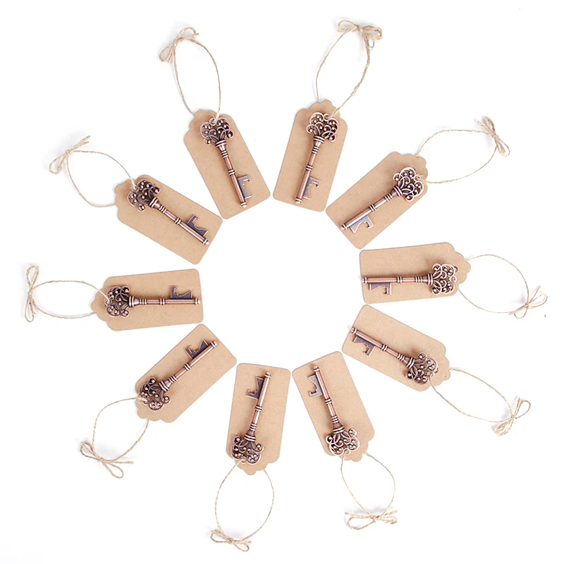 

50pcs Vintage Key Shape Bottle Opener Alloy Key Ring Copper Keychain with Tags Gift on All Kinds of Wedding Styles, Party Favors