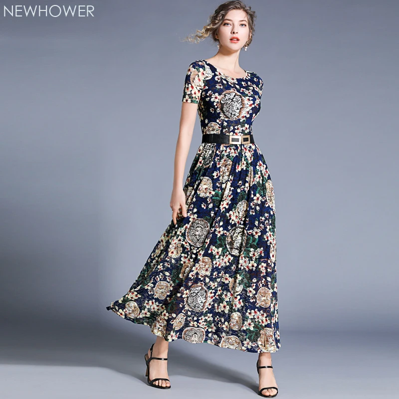 

2019 women's wear summer new European station vogue retro dress temperament lace print long to ankle office lady short sleeve