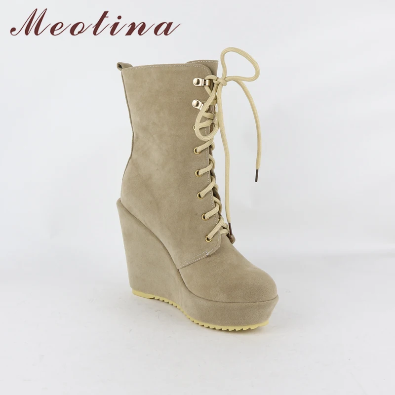 Meotina/женские зимние ботинки на танкетке и высоком каблуке г. Ботинки до середины икры обувь на шнуровке Осенняя обувь, большой размер 42, 43, женская обувь