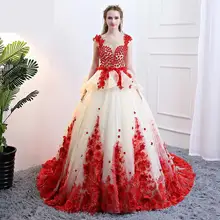 Элегантное бальное платье из тюля Бальные платья цвета шампанского Красные кружевные аппликации с коротким рукавом Пышные Платья вечерние 3d платья для выпускного вечера с цветами