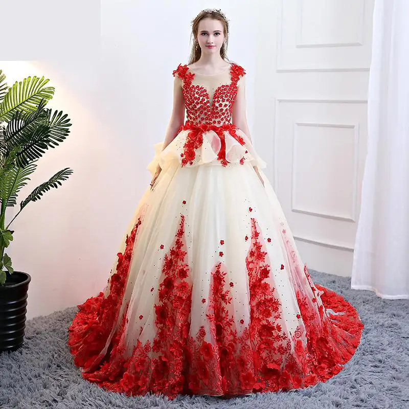 Элегантное бальное платье тюлевые платья для Quinceanera шампанское красное кружево