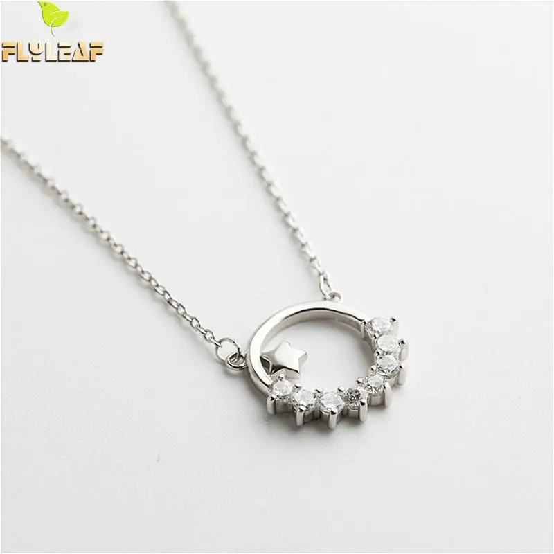 

Flyleaf 925 Sterling Silver Necklace Women Round Cubic Zirconia Star Fashion Chain Fine Jewelry Simple Necklaces & Pendants