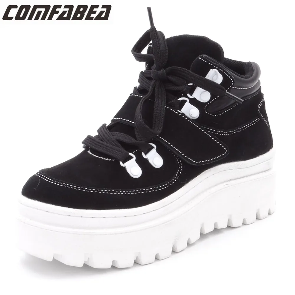 

Ankle Boots Woman 2018 Winter Suede Short Boot Female Lace Up Flats Heels Platform Comfortable Punk Boot Black Shoes