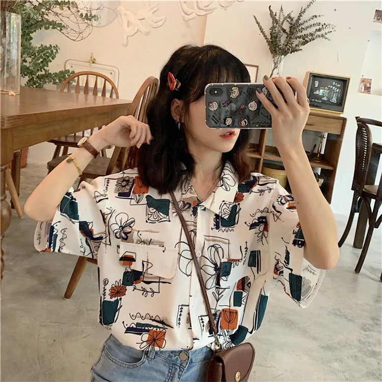 Women Shirt New Summer Loose Casual Blouse Female Short Sleeve Shirt Flower Print Women Tops XZ426