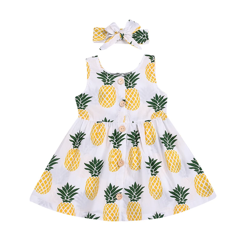 

Kids Baby Girls Clothes Pineapple Print Sleeveless Dress with Headband 2pcs Suits Princess Party Birthday Beach Clothing D25-40