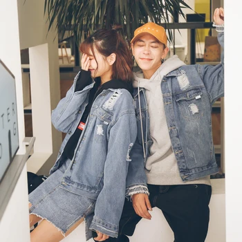 

Autumn New Broken Hole Trend Mens Coat Super Personality Couple Wild Casual Denim Jacket Exquisite Workmanship Couple Outwear