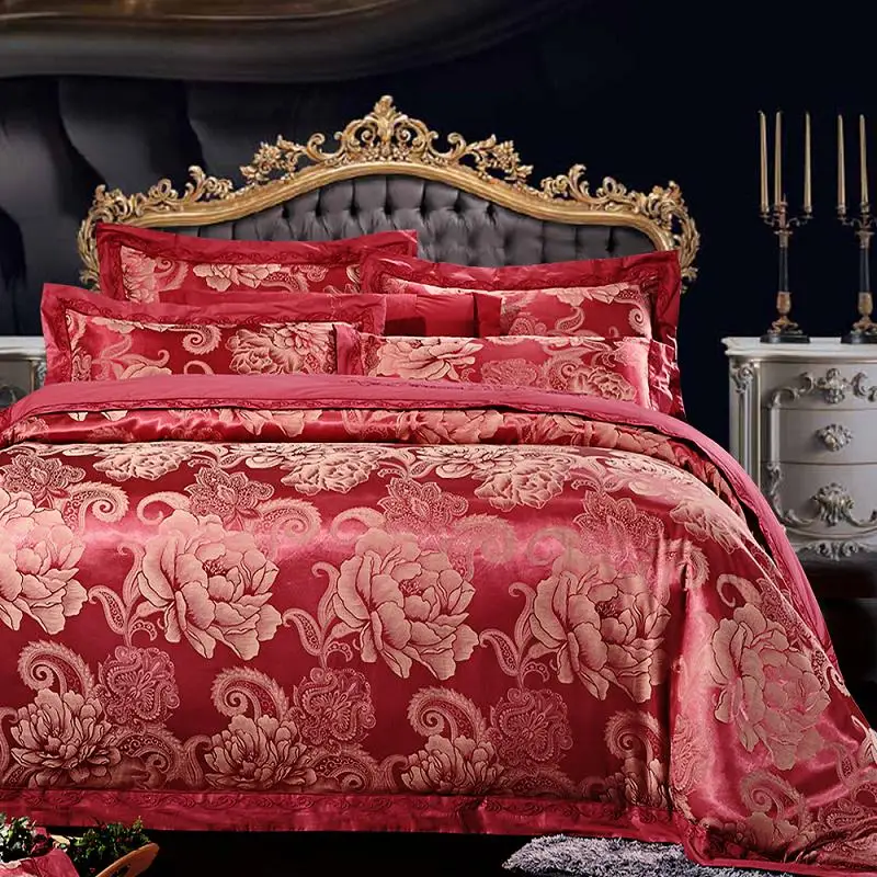 red Color Jacquard Luxury Bedding sets 4/6 Pcs Queen/King size lace cotton Stain Bed set Bed