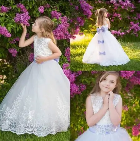 

Puffy Tulle Flower Girl Dresses Lace Applique Beaded Pageant Gowns Ankle Length Girls Communion Dress Custom Made Size