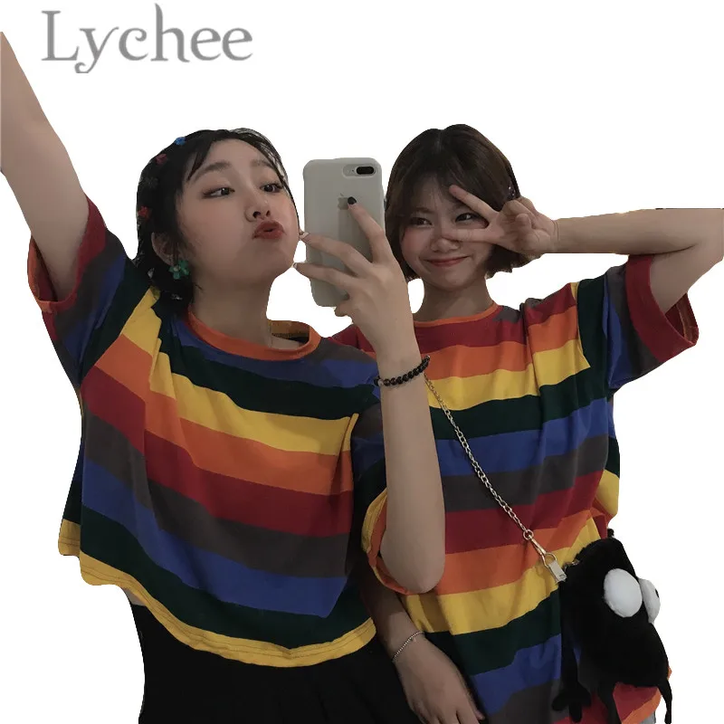 Lychee Harajuku женские футболки в радужную полоску цветные Свободные футболки с коротким рукавом и круглым вырезом весна лето женские футболки топы футболки