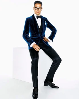 

2017 New Tailor Made Navy Blue Velvet Blazer Slim Fit Groom Tuxedos 2 Piece Mens Wedding Suits Bridegroom Suit(Jacket+Pants)