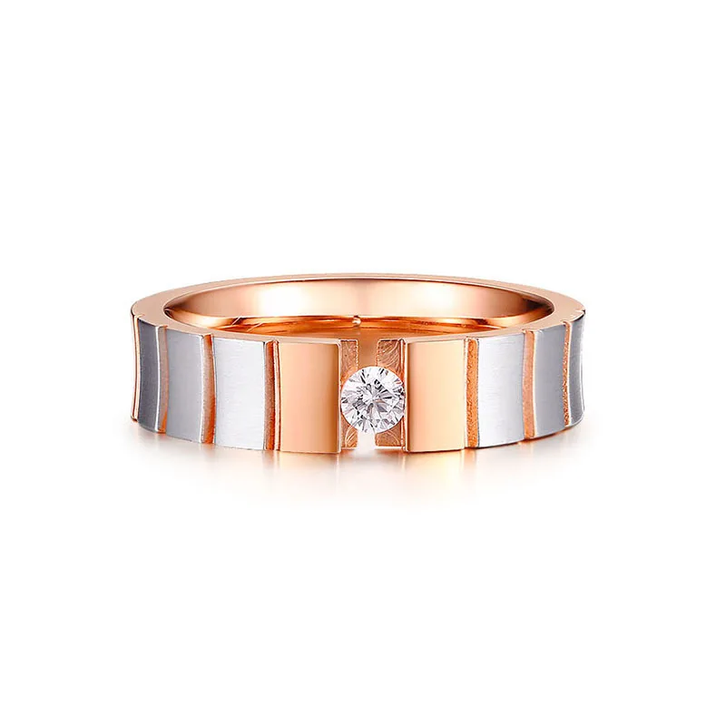 Vnox Personalize Rose Gold Color Couple Rings For Women Men Elegant Stainless Steel CZ Stone Wedding Band Customize Lover Gift