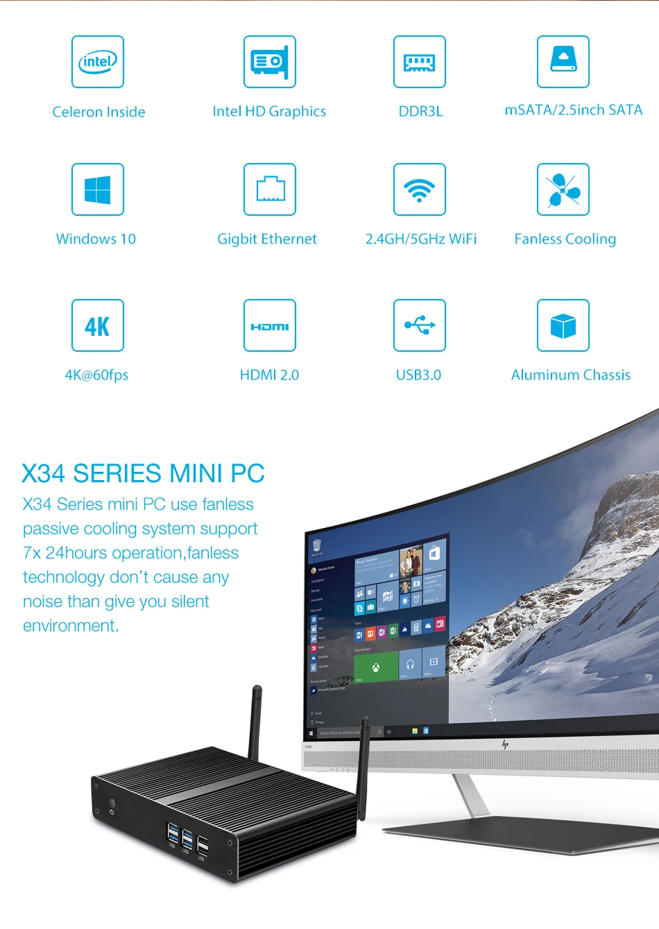 XCY безвентиляторный мини-ПК Intel Core i3 7100U 6100U Windows 10 300 M Wi-Fi Gigabit Ethernet HDMI VGA 6xusb компактный настольный компьютер