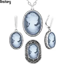 Lady Queen Cameo Jewelry Sets Vintage Necklace Earrings Ring For Women Flower Pendant Fashion Party Fashion Jewelry