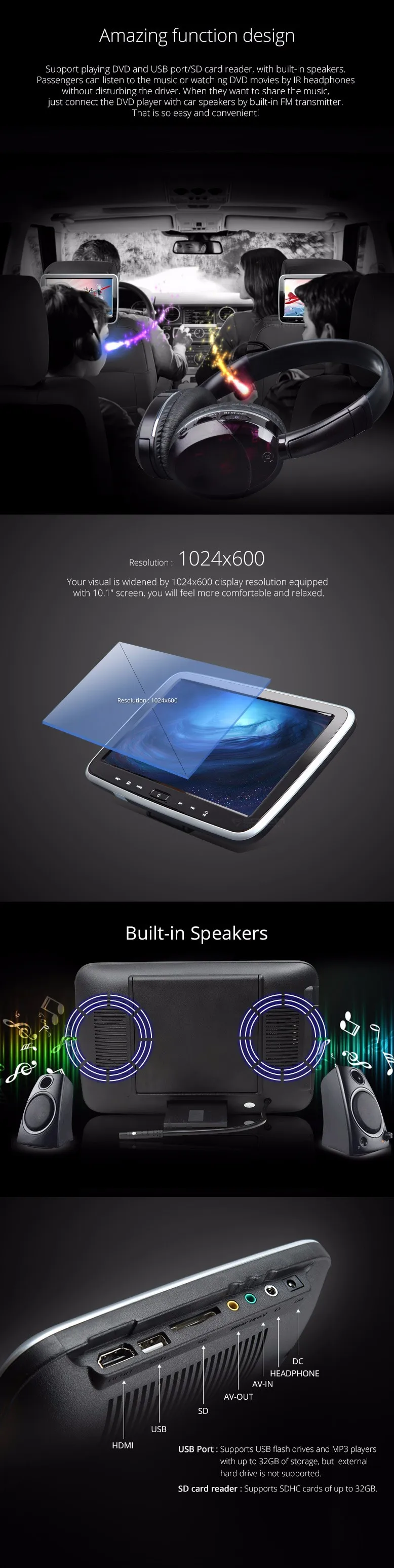Perfect Touch Button Design Single 10.1" Car Headrest DVD PC Car DVD Player Headrest Car Monitor with Single IR Headphone Included 1