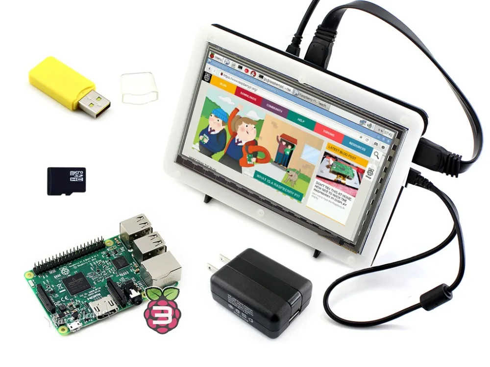 RPi3 B посылка F включая мини-ПК Raspberry Pi 3 Модель 7 дюймов HDMI ЖК-дисплей (C) биколор