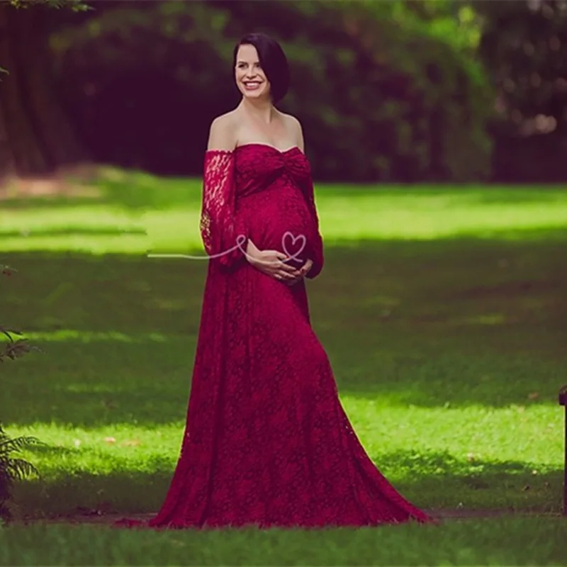 

Off Shoulder Dress Lace Maternity Dresses For Photo Shoot Maternity Photography Props Maxi Dress Long Tail Pregnant Dress Clothe