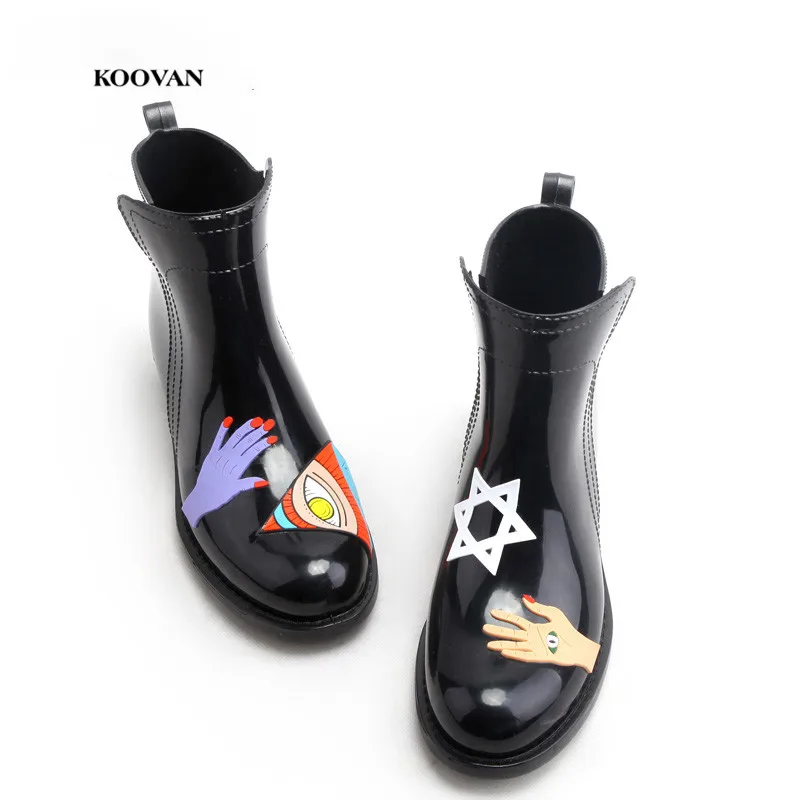 Koovan Women's Rain Boots 2020 New Female Adult Fashion Water Shoes Women's Hand-painted Wind Rubber Shoes Waterproof Rain Boots