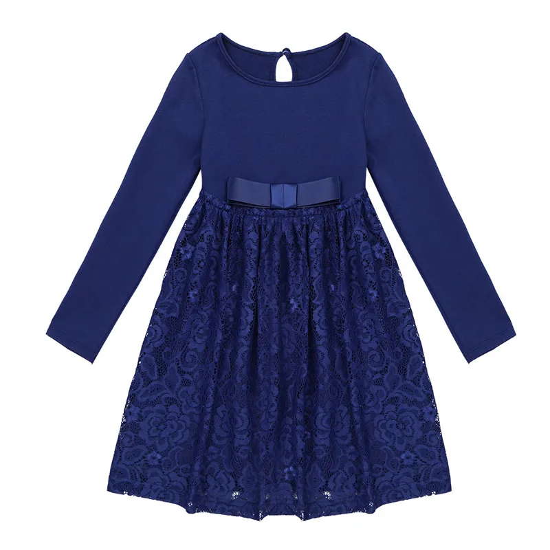 Кружевное платье для маленьких девочек, осенне-зимнее платье с длинными рукавами, детское праздничное платье принцессы для девочек 4, 5, 6, 7, 8, 9, 10, 11, 12 лет - Цвет: Dark Blue