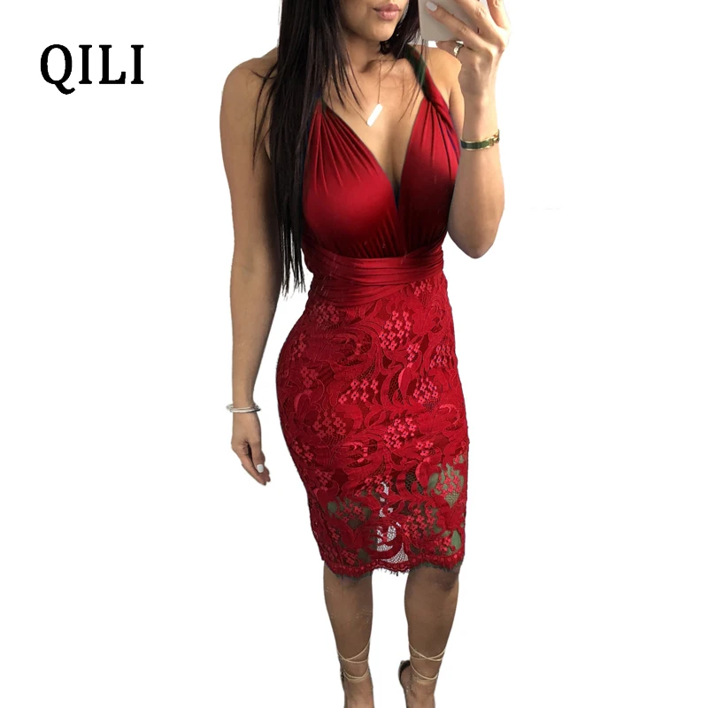 

QILI Sexy V-Neck Lace Dress Women Sleeveless Backless Cross Bandage Dresses Party Club Dress White Black Wind-Red Plus Size XXXL